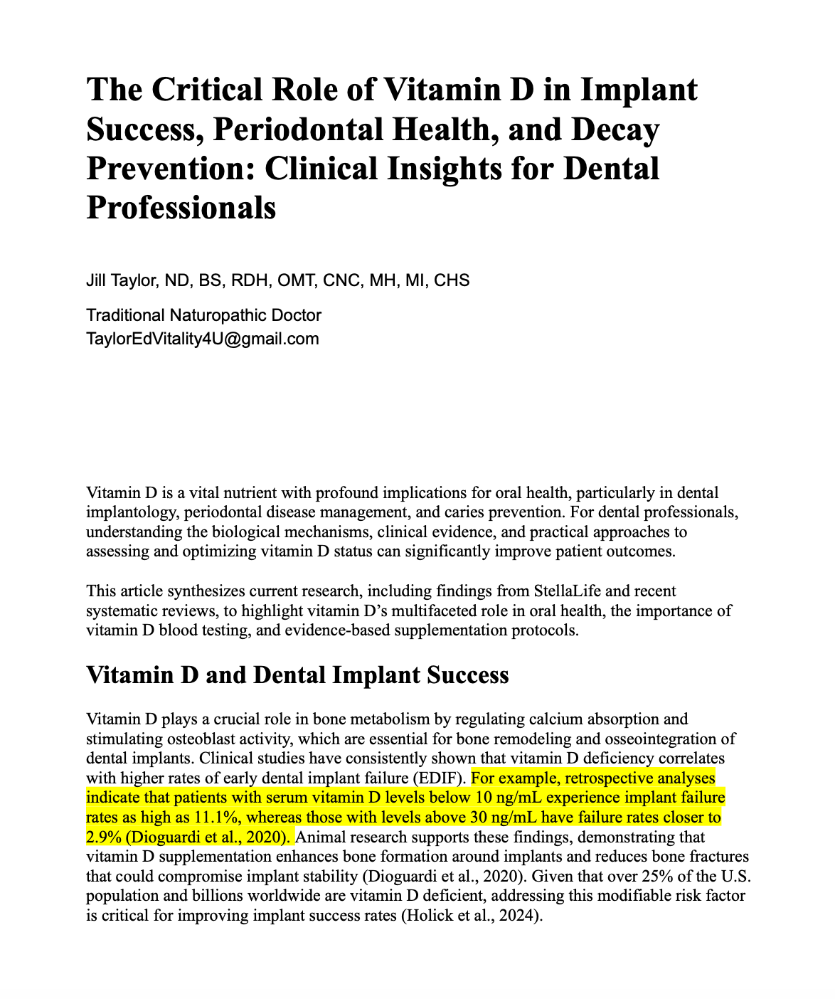 The Critical Role of Vitamin D in Implant Success, Periodontal Health, and Decay Prevention: Clinical Insights for Dental Professionals by Jill Taylor, ND, BS, RDH, OMT, CNC, MH, MI, CHS Image
